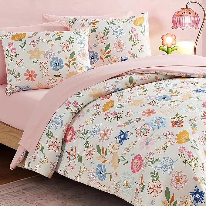 Twin Comforter Set for Girls Kids - 5 Pieces Pastel Garden Patterns Twin Bedding Sets for Girls Teen, Soft Cozy Bed in A Bag with Sheets