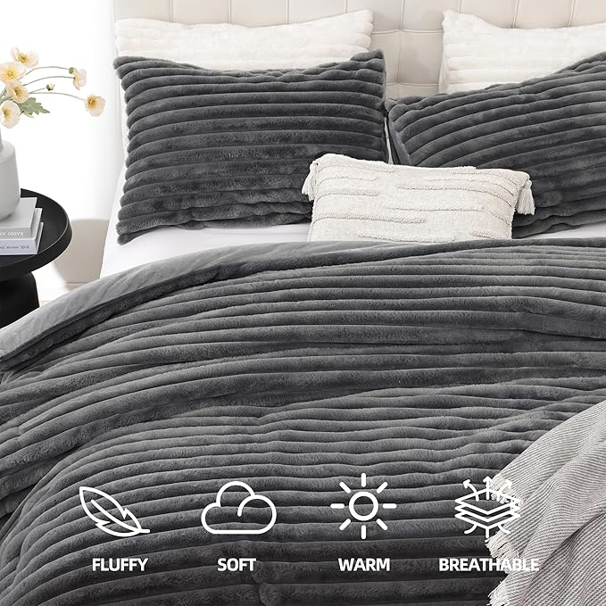 Smoofy Fluffy King Size Comforter Set 3 Pieces - Dark Grey Fleece Fluffy Comforter Set, Luxury Fuzzy King Bedding Set, Soft King Bed Set All Season, Heavy Faux Fur Comforter with 2 Pillow Cases