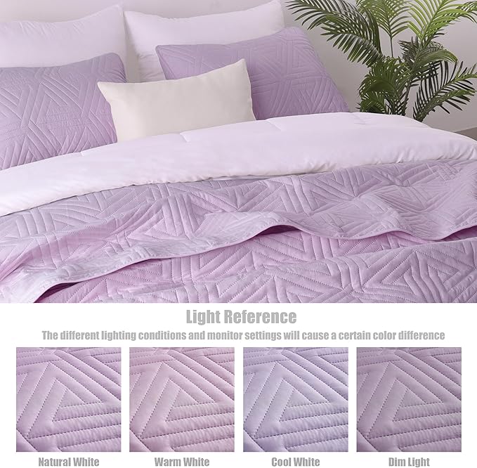 Whale Flotilla Soft Twin Size Quilt Set for All Seasons, 2-Piece Ultrasonic Geometric Quilts Bedding Set, Lightweight Reversible Bedspread, Coverlet, Bed Cover with Pillow Sham, Light Purple