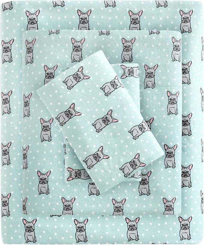 True North by Sleep Philosophy Cozy Flannel Warm 100% Cotton Sheet - Novelty Print Animals Stars Cute Ultra Soft Cold Weather Bedding Set, Cal King, Aqua French Bulldog 4 Piece