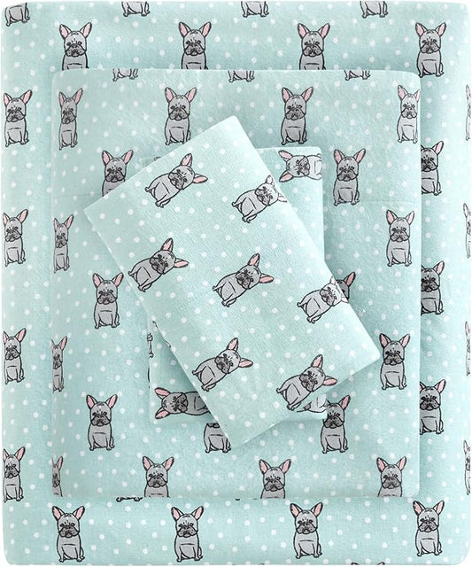Sleep Philosophy True North Flannel Sheets Queen Size, Cozy 100% Cotton Flannel Bed Sheets, Ultra Soft Cute Sheet Set, Novelty Print Themed Cold Weather Warm Bedding Set, Aqua French Bulldog 4 Piece