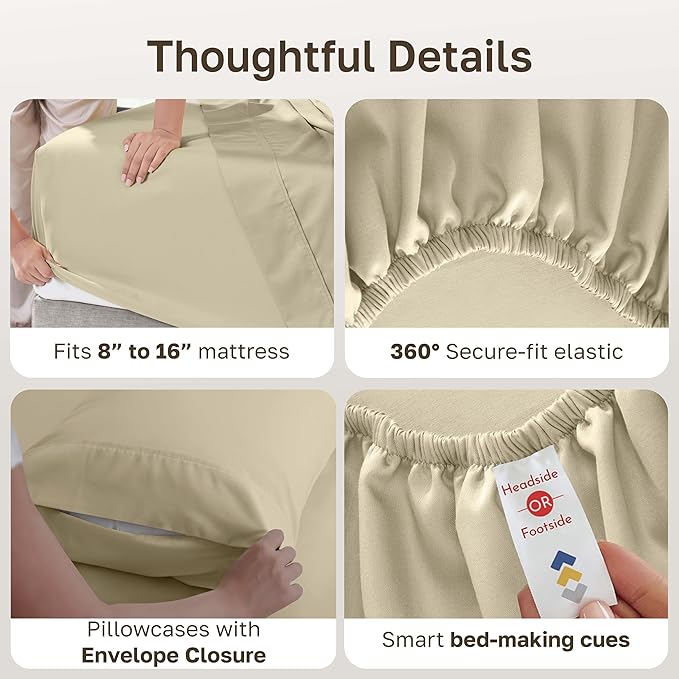 California Design Den 6 Piece Queen Sheet Set with 4 Pillowcases - Soft 400 Thread Count Sateen, 100% Cotton Sheets Queen Size Bed Set with Deep Pockets, Durable Bedding - Beige (Golden Tone)