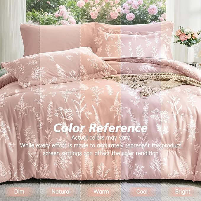 MUXHOMO Cameo Pink Bed in a Bag King 7 Pieces, King Comforter Set Reversible Botanical Flowers Design, Ultra Soft & Breathable Bedding Sets with Comforter, Sheets, Pillowcases & Shams