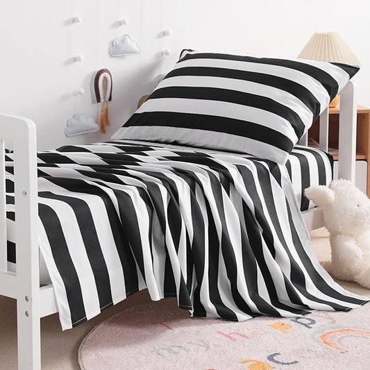 NTBAY Toddler Sheet Set - 3-Piece Microfiber Crib Sheet Set - Flat Sheet, Fitted Sheet, Pillowcase - Solid Toddler Bedding, Black and White Stripe