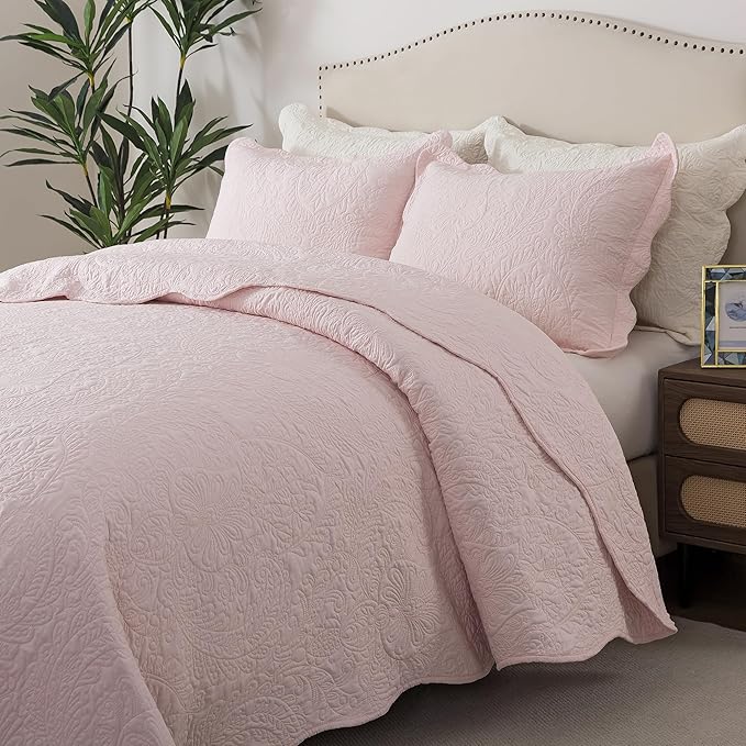 HoneiLife Queen Size Quilt Sets - 3 Piece Queen Quilt Bedding Set Microfiber Quilt Set Lightweight Bedspreads Reversible Coverlets Retro Bed Cover Floral Bedding Set All Season Quilts-Light Pink