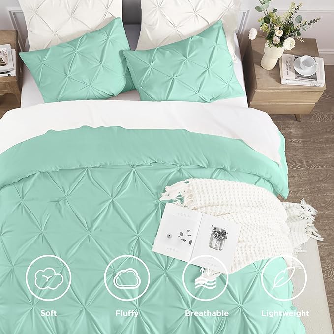 Andency Mint Green Pinch Pleat Comforter Full(79x90Inch), 3 Pieces(1 Down Alternative Comforter and 2 Pillowcases) Mint Green Bed Set Microfiber Pintuck Bedding Set