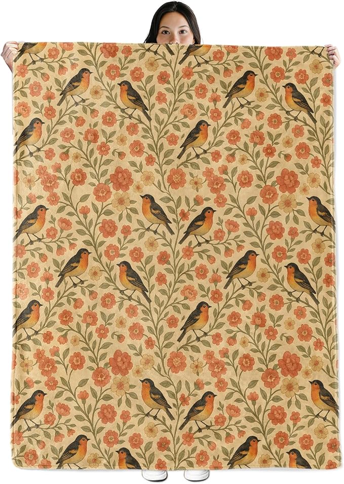 Bird Gifts, Songbird Theme Flannel Blanket for Women, Orange Bird and Floral Spring Birthday Throw Blankets for Kids, Girls, Travel Camping Sofa Living Room Decor 60x80 in