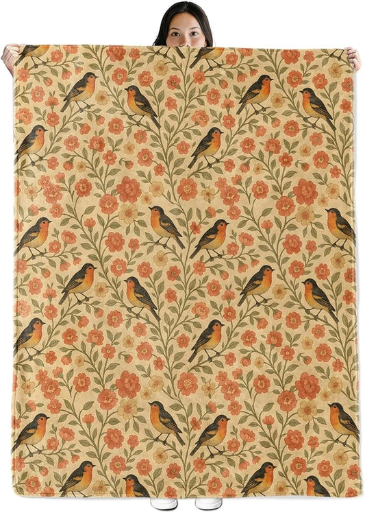 Bird Gifts, Songbird Theme Flannel Blanket for Women, Orange Bird and Floral Spring Birthday Throw Blankets for Kids, Girls, Travel Camping Sofa Living Room Decor 50x60 in
