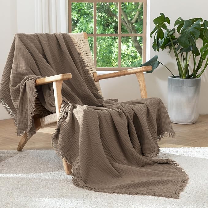 MooMee Muslin Blanket - 100% Cotton 4-Layer Gauze Throw Blanket with All-Around Fringe Ultra-Soft Breathable Lightweight Cooling for Bed Couch (Brown,Throw XL 50" x 70")