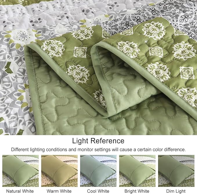 WONGS BEDDING Boho Quilt Set King Size,Olive Green Bohemian Striped Patchwork Bedspread Coverlet Set,3 Pieces Microfiber Bedding Set for All Seasons (104"×90")