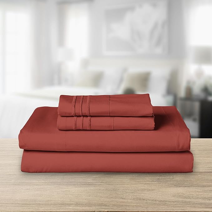 Elegant Comfort Luxurious 1500 Premium Hotel Quality Microfiber Three Line Embroidered Softest 4-Piece Bed Sheet Set, Wrinkle and Fade Resistant, Full, Rust