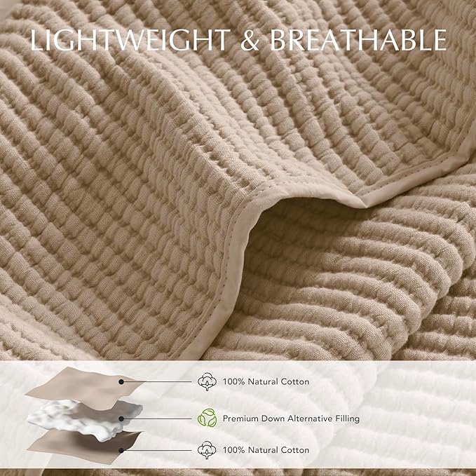 EVERGRACEHOME Cotton Coverlet Set Full Queen Size 3 Pieces, Lightweight Soft Ribbed Matelassé Bedspread Quilt Set, Cozy Oversized Quilted Bedding Set with 2 Pillow Shams for All Seasons, Urban Taupe