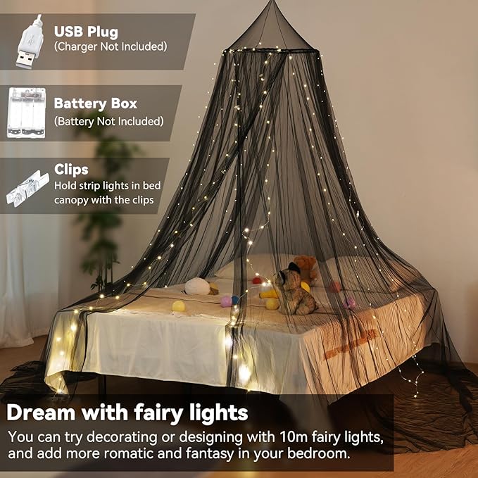 Bed Canopy with Lights, Bed Canopy for Girls Princess with Luminous Stars, Canopy Bed Curtains for Twin to King Size Bed, Baby Kids Adult Indoor Decor Bedroom Reading Nook Halloween Decoration (Black)