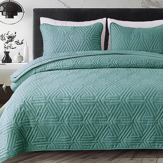 Whale Flotilla Soft Queen Size Quilt Set for All Seasons, 3-Piece Ultrasonic Geometric Quilts Bedding Set, Lightweight Reversible Bedspread, Coverlet, Bed Cover with 2 Pillow Shams, Turquoise Green