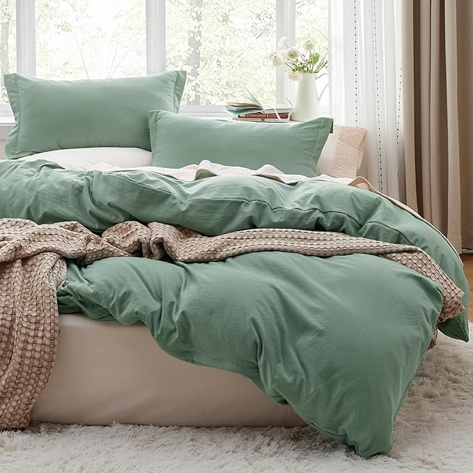 Bedsure Sage Green Oversized Queen Duvet Cover - 3 Pieces Prewashed Cotton-Like Polyester Extra Soft Bedding Set, Includes 1 Duvet Cover 98x98 Inches with Zipper Closure & 2 Pillow Shams, No Comforter