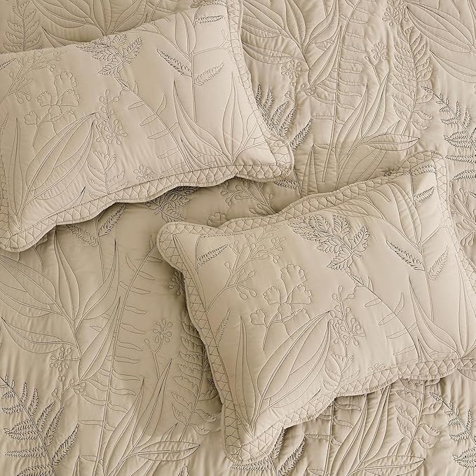 Botanical Bedspread Full Size - Leaves Pattern Stitching Quilt Set - Elegant & Fresh Style Bedding Coverlets, Reversible, Lightweight, 5 Piece, Taupe