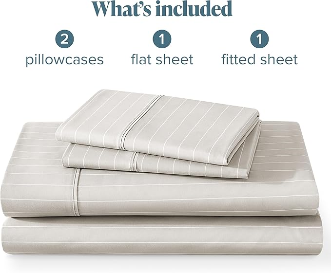Bare Home Full Sheet Set - Luxury 1800 Ultra-Soft Microfiber Double Brushed - Deep Pockets - Easy Fit - 4 Piece Set - Bedding Sheets & Pillowcases (Full, Pinstripe - Stone/White)