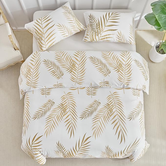 Lekesky Queen Duvet Cover Set, White and Gold Tropical Palm Leaf Pattern Comforter Cover Queen Size, 3 Pieces Soft Microfiber Bedding Sets with Zipper & 2 Pillowcases, Comforter Not Included