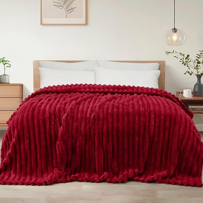 Exclusivo Mezcla King Size Flannel Fleece Blanket, Super Soft Striped Jacquard Bed Blanket, Lightweight Fuzzy Cozy for All Seasons, 90x104 Inches, Deep Red