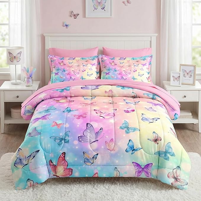 Comforter Set Queen Size, Pink Blue Butterfly 7 Pcs Bedding for Kids and Adults, Purple Colorful Rainbow Bed Sheet Sets with Fitted Sheet 2 Pillowcases & 2 Shams for Bedroom Bed Decor