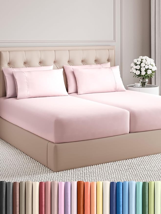 Split King 7 Piece Sheet Set - Comfy Breathable & Cooling - Soft Hotel Luxury Bedding Set w/ 8-16 Inch Deep Pockets - 1 Flat & 2 Fitted Sheet & 4 Pillowcases - Wrinkle Free & Easy Care - Lavender Pink