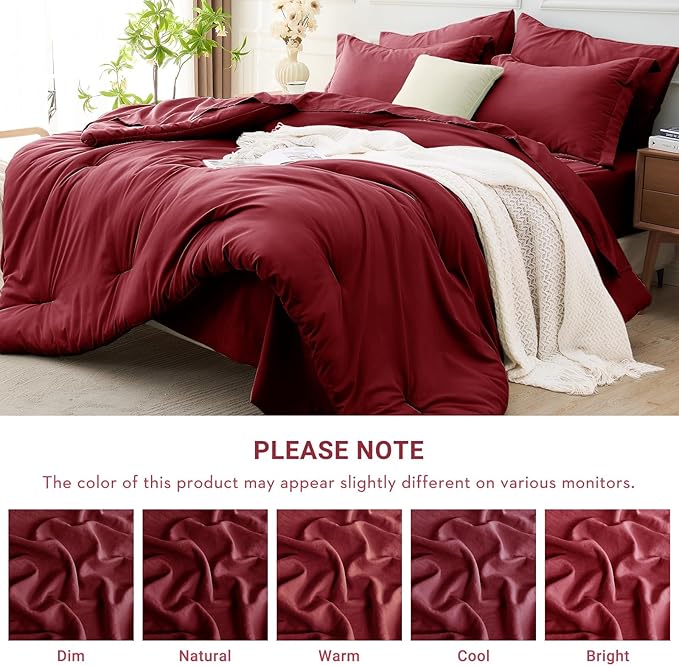 MUXHOMO 7 Pieces King Comforter Set, Soft Bed in a Bag King Size, All Season Bedding Set with Comforter, Flat Sheet, Fitted Sheet, Pillowcases & Shams, Burgundy Red