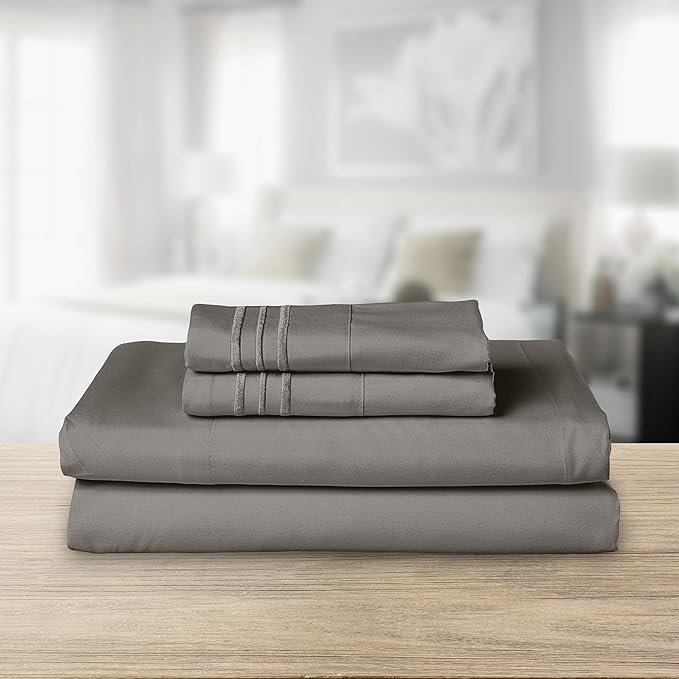 Elegant Comfort Luxurious 1500 Premium Hotel Quality Microfiber Three Line Embroidered Softest 4-Piece Bed Sheet Set, Wrinkle and Fade Resistant, Full, Gray