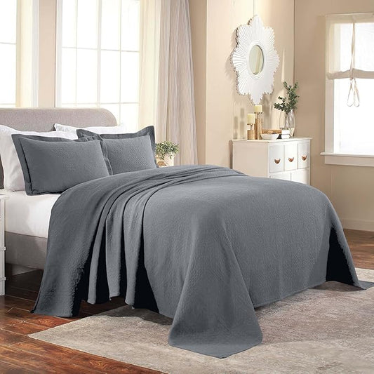 Superior Cotton Fleur De Lis Bedspread Set, Warm Blankets, All-Season Bedding, Bedroom Decor, Decorative Boho Medallion Coverlet, Includes 1 Bedspread, 2 Pillow Shams, King, Grey