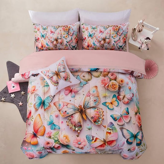 A Nice Night Full 6pcs Bed in A Bag Pink and Blue 3D Various Butterfly Printed, Butterflies Flying in Flower Design Bedding Full Comforter Set, for Girls Kids Teens