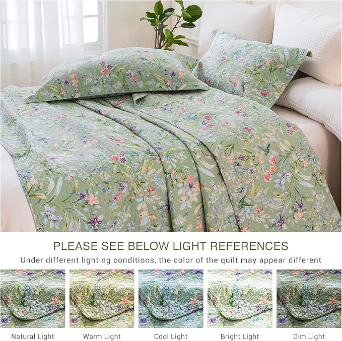 QSH 100% Cotton Oversized King Quilt Bedspread Bedding Set(128"x120"),3Pcs Extra Wide Green Floral Quilt Flower Bird Butterfly Printed Bedspread Coverlet Oversized King Lightweight Soft Bedding Set