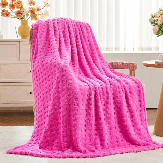 NEWCOSPLAY Super Soft Twin Blanket Pink Premium Silky Flannel Fleece 3D Waffle Checkered Lightweight Bed Blanket All Season Use (Hot Pink, Twin(60"x80"))