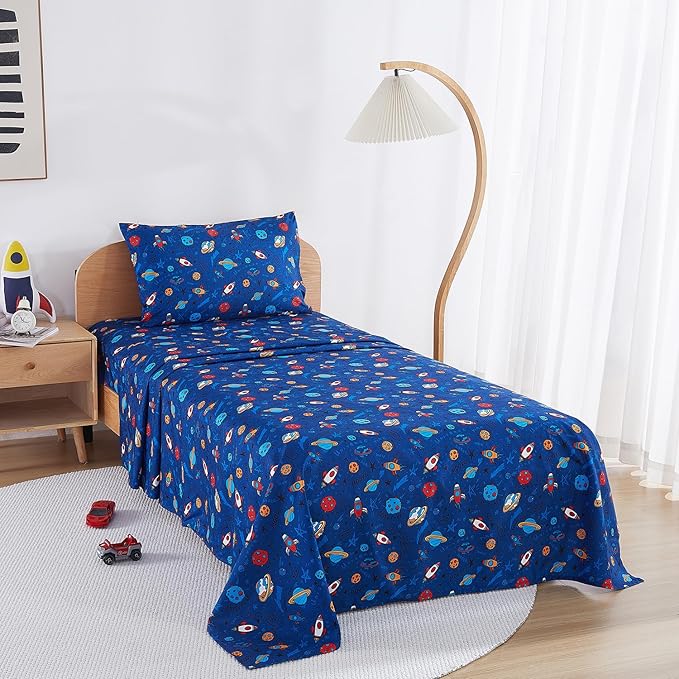Kids Sheet Set Twin Size, Twin Sheet Set with Space Universe Pattern，Breathable Silky Soft Microfiber Kids Fitted Sheet