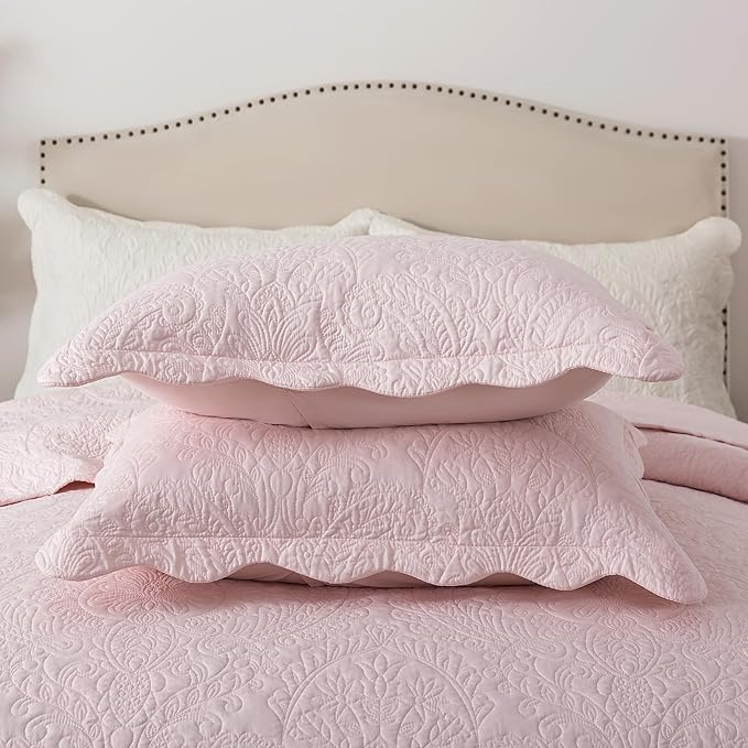 HoneiLife Queen Size Quilt Sets - 3 Piece Queen Quilt Bedding Set Microfiber Quilt Set Lightweight Bedspreads Reversible Coverlets Retro Bed Cover Floral Bedding Set All Season Quilts-Light Pink