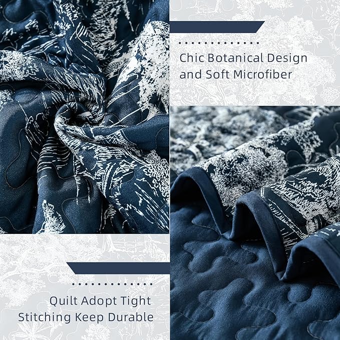 WONGS BEDDING Quilt Set King Size, 3 Pieces Navy Blue Botanical Floral Printed Bedspread Coverlet Set Soft Lightweight Toile Plants Bedding Set for All Season (104"x90")