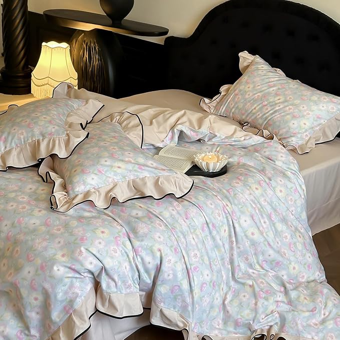 HighBuy Pink Floral Lace Duvet Cover Twin Size,Brushed Cotton Soft Coquette Ruffle Flower Bedding Duvet Cover Set,Blue White Ruffled Shabby Chic Farmhouse Duvet Cover and Pillow Shams,- Twin