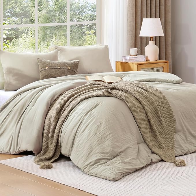 WRENSONGE Twin/Twin XL Comforter Set for Girls Boys Teens, 1 Light Oatmeal Comforter & 1 Pillow Sham, Soft Lightweight Kids Comforter Sets for All Seasons Dorm Bedding