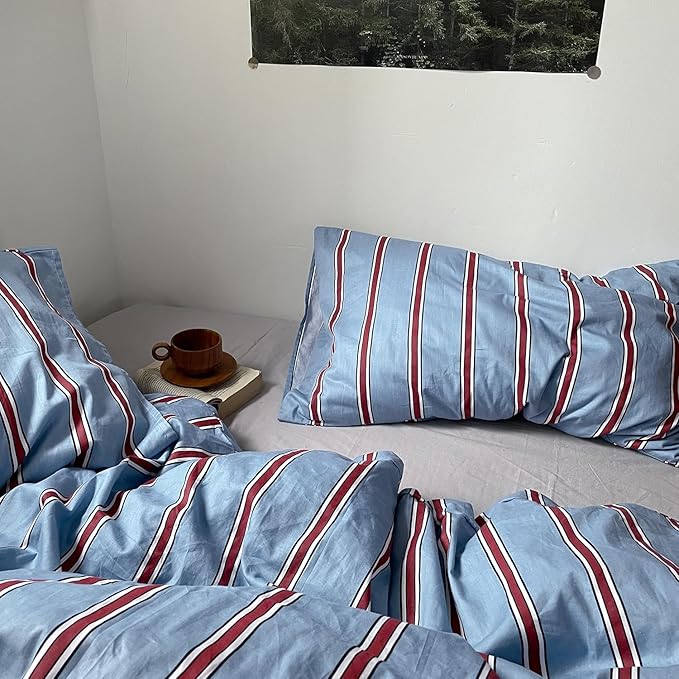 mixinni Vintage Striped Blue Duvet Cover Full - 100% Cotton Red Stripes 3-Piece Bedding Duvet Cover Set with Zipper Closure, Soft & Breathable Retro Design for All Seasons (Full Size)
