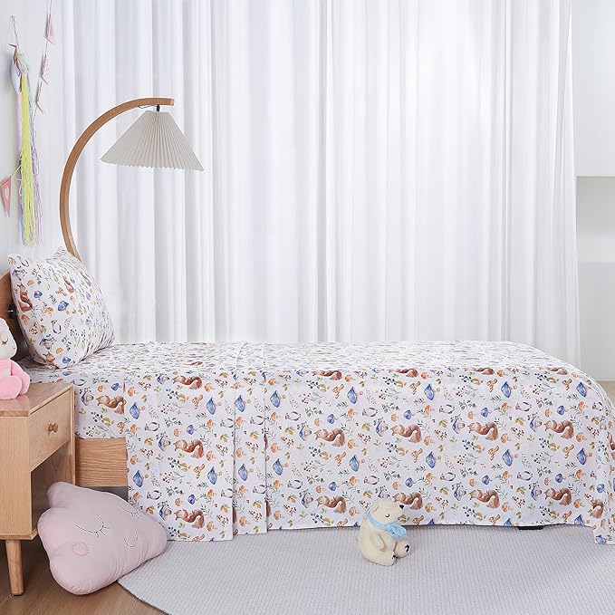 Kids Sheet Set Twin Size, Twin Sheet Set with Oil Squirrel Pattern，Breathable Silky Soft Microfiber Kids Fitted Sheet