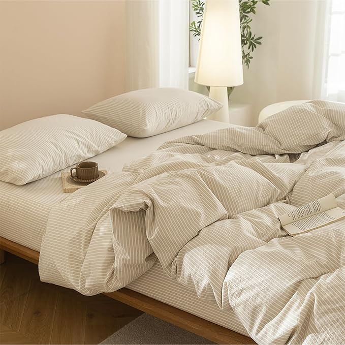 JIYUAN 100% Washed Cotton Striped Duvet Cover Set 3 Pieces King, 1 Duvet Cover and 2 Pillowcases(Comforter Not Included),Linen Like Comfy and Breathable,Pinstripes - Beige White