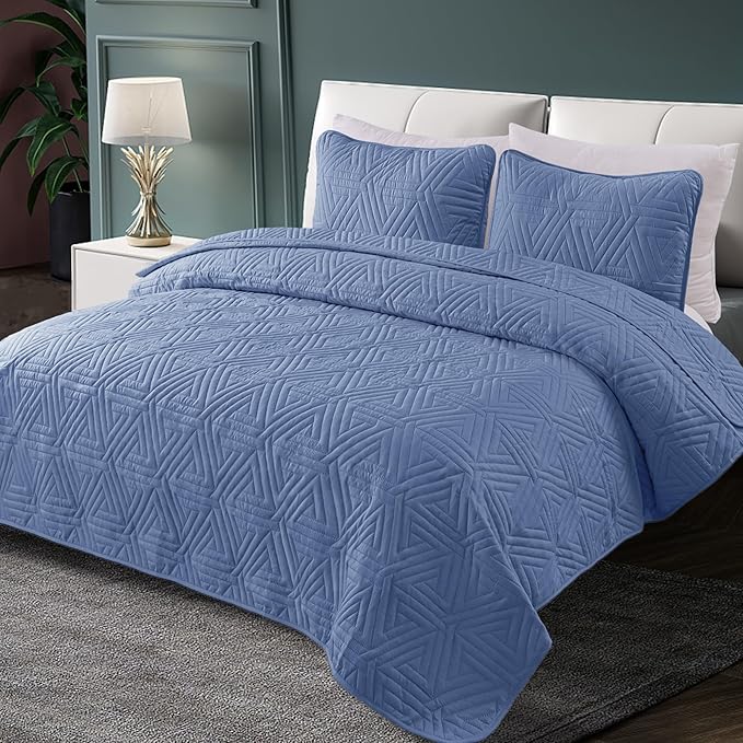 Whale Flotilla Soft Queen Size Quilt Set for All Seasons, 3-Piece Ultrasonic Geometric Quilts Bedding Set, Lightweight Reversible Bedspread, Coverlet, Bed Cover with 2 Pillow Shams, Bluish Grey