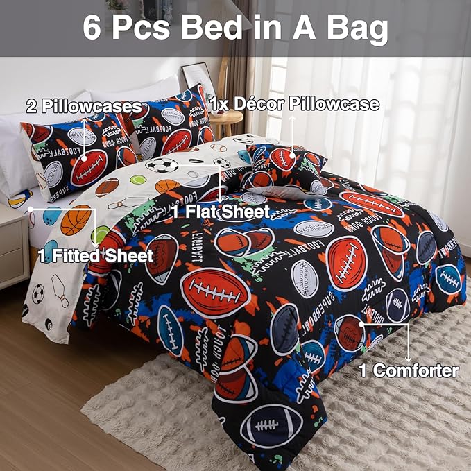 A Nice Night Boys Rugby Balls Comforter Set 6-Piece Bed-in-a-Bag with Sheet Set, Full Size Polyester Bedding Collections for Kids,Red Black