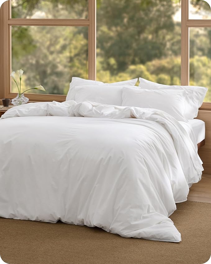 Bedsure Cotton Duvet Cover Queen Size - Luxury Slub Weave 100% Cotton Duvet Cover with a Linen Like Textured, Easy Change Durable Bedding, Bright White, 90" x 90"