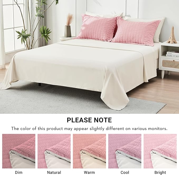 HYMOKEGE Pink/Ivory California King Comforter Set Seersucker 7 Pieces, All Season Luxury Bed in a Bag for Bedroom, Bedding Set with Comforter, Sheets, Pillowcases & Shams