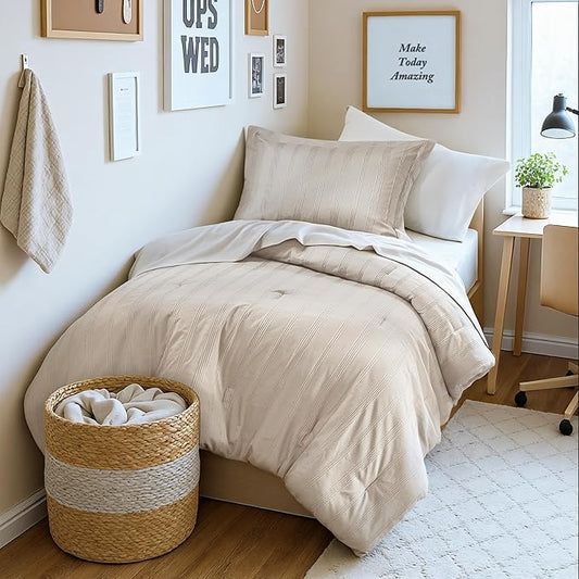 Madison Park Essentials Striped Comforter Set Twin XL, 5 Pieces Modern Minimalist Jacquard Bedding Set for All Season, Bed in A Bag with Sheet Set and Soft Brushed Reverse, Lightweight Neutral