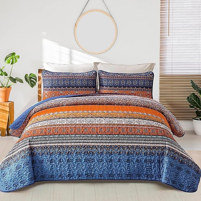 WONGS BEDDING Boho Quilt Set California King, Blue and Orange Bohemian Queen Summer Quilt Bedding Set, Lightweight Microfiber Bed Decor Bedspread for All Season 106"x96"(3 Pieces)