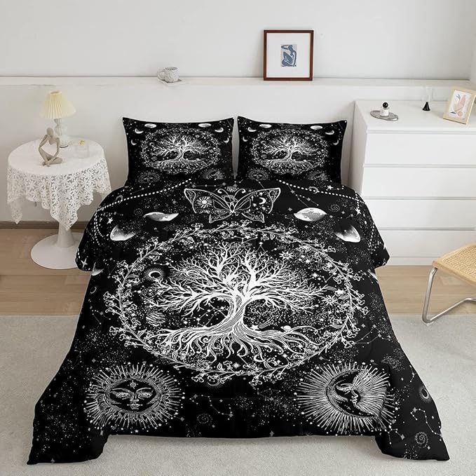 Feelyou Sun and Moon Comforter Bohemian Tree Butterfly Style Bedding Set Psychedelic Hippie Comforter Set for Boys Girls Children Teens Bedroom Decor Galaxy Astrology Duvet Set Toddler Size