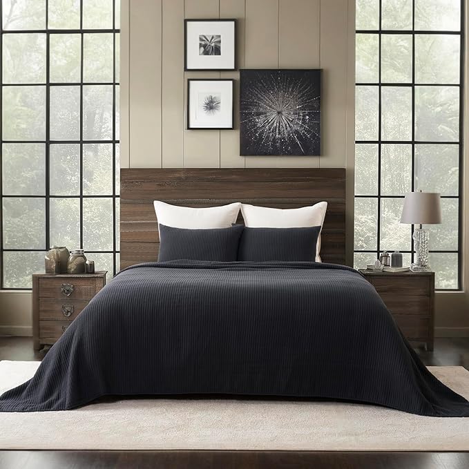 EVERGRACEHOME Cotton Coverlet Set Full Queen Size 3 Pieces, Lightweight Soft Ribbed Matelassé Bedspread Quilt Set, Cozy Oversized Quilted Bedding Set with 2 Pillow Shams for All Seasons, Washed Black