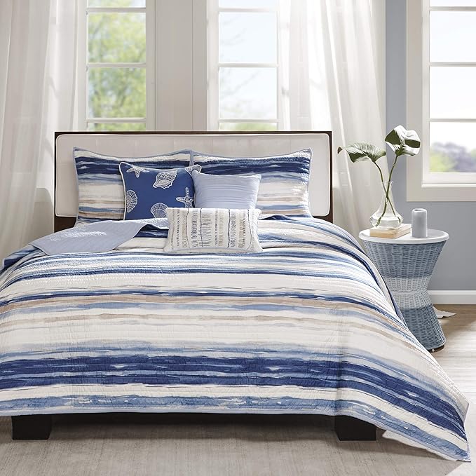 Madison Park Quilt Set Cottage Coastal Design, 6 Piece Set - All Season, Coverlet Bedspread Lightweight Bedding Layer, Shams, Toss Pillows, Full/Queen(90"x90"), Blue/White