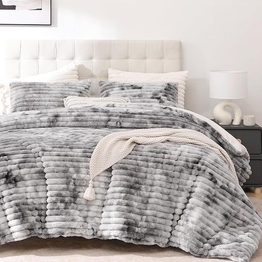 Smoofy Fluffy Twin Comforter Sets 2 Pieces - Tie-dye Grey Fleece Fluffy Comforter Set, Luxury Fuzzy Twin Bedding Set, Soft Warm Comforter All Season, Heavy Faux Fur Comforter with Pillow Cases