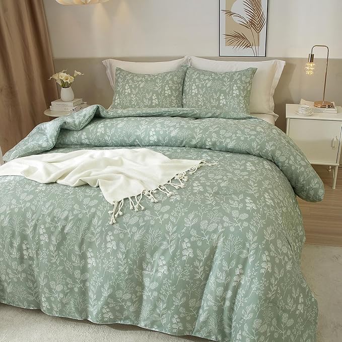 HighBuy Girls Floral Duvet Cover Twin XL Size Soft Cotton Green Botanical Comforter Cover Chic Garden Flowers Bedding Set Twin XL 3 Piece Aesthetic Boho Floral Bed Cover with Zipper Closure